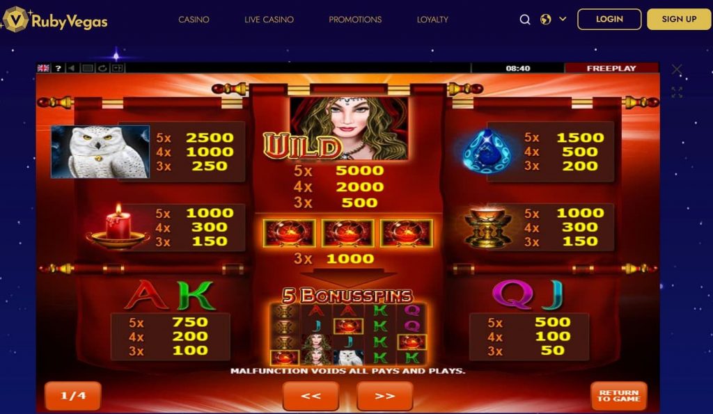 Play Magic Owl slot machine at Ruby Vegas Casino